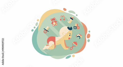Illustration of a baby surrounded by baby items soft colors.