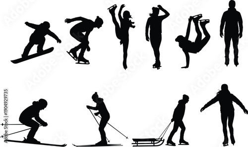 Vector, black, silhouette, illustration, set, of, various, people, doing, winter, sports, skiing, snowboarding, and, ice, skating, for, outdoor, seasonal, recreation, and, mountain, design