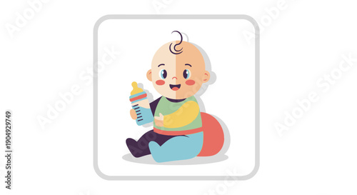 Illustration of a happy baby holding a bottle.