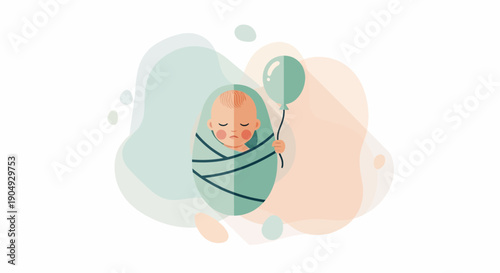 Illustration of a Newborn Baby Wrapped in a Blanket Holding a Balloon 1.