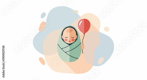 Illustration of a Newborn Baby Wrapped in a Blanket with Balloon.