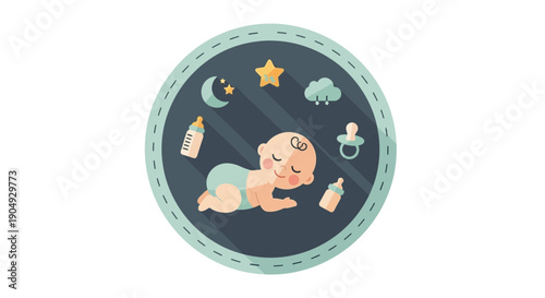 Illustration of a sleeping baby surrounded by babyrelated items in a circular frame.