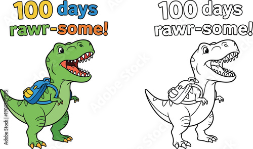 Cute T Rex Dinosaur with Backpack Celebrating 100 Days Rawr some School Milestone