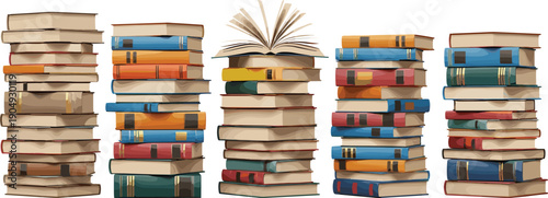 Stacked books illustration featuring six tall colorful piles with varied sizes, spines, and an open book, symbolizing knowledge, education, and research resources.