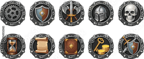 Steampunk fantasy game icons set with gears, swords, shields, skull, scroll, book, treasure, hourglass, mechanical design for RPG interface and adventure artwork.