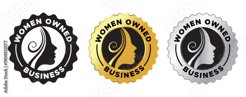 Women Owned Business Badge Icons Set – Black Gold Silver Circular Female Entrepreneur Logos