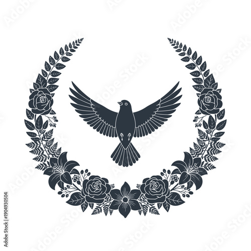 A black and white illustration of a dove within a floral wreath