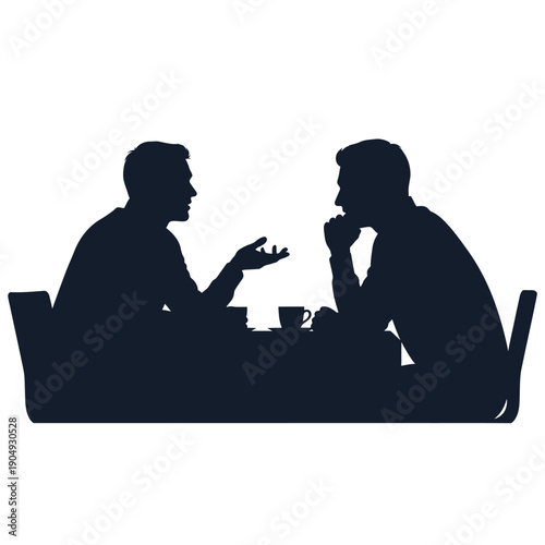 Two men in silhouette are deeply engaged in a conversation at a table