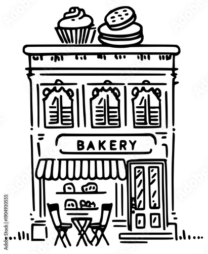 Bakery shopfront with cupcakes macarons illustration