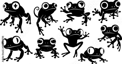 Silhouette of multiple frogs in various poses and expressions