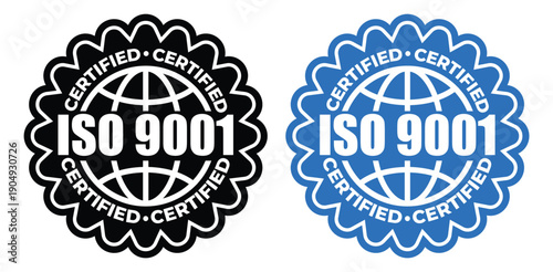 ISO 9001 Certified Badge Icons Set – Black and Blue Quality Management System Seals