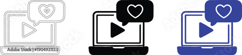 Laptop with video player and heart notification icon, social media engagement and online streaming concept