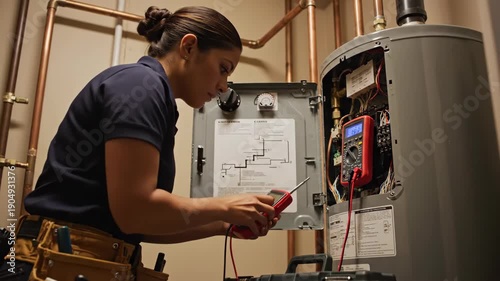 Female technician repairing water heater with multimeter in residential setting. Technician checks connections using multimeter for proper function in household plumbing system.