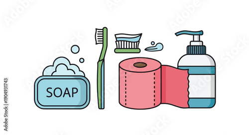 Bathroom essentials soap toothbrush toilet paper and hand sanitizer are displayed