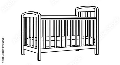 Simple line drawing of a classic wooden baby crib isolated on a white background