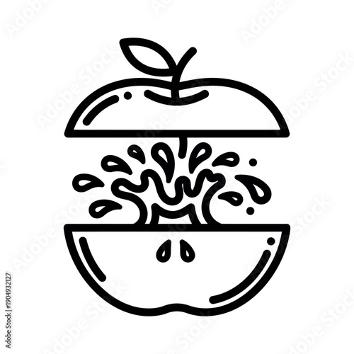 Freshly cut apple illustration with juice splashing out from the center