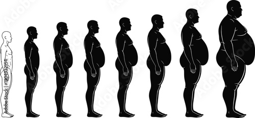 Black Silhouette Illustration of Male Body Shapes Showing Progression from Lean to Obese with Increasing Abdominal Size and Weight Gain