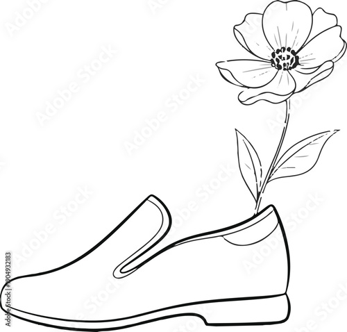 Minimalist line art illustration of a flower growing out of a loafer shoe, concept of spring fashion or eco-friendly footwear