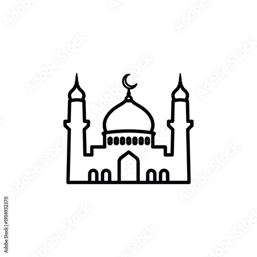 Simple line illustration of a mosque with minarets and dome, symbolizing Islamic architecture