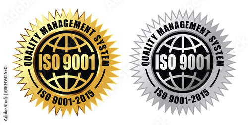 ISO 9001 Certified Badge Icons – Quality Management System Approval Seal in Gold and Silver