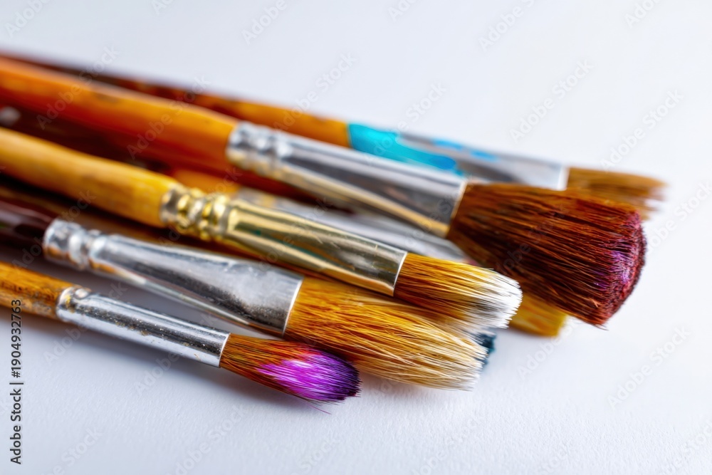 Fototapeta premium Assorted paintbrushes on white surface for artistic creativity and painting