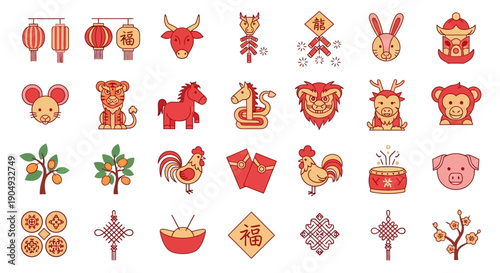 A comprehensive collection of Chinese New Year and zodiac animal icons, featuring traditional symbols like lanterns, red envelopes, and various animal representations.
