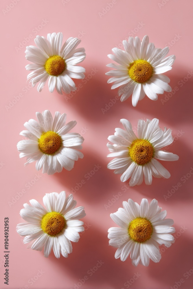 Fototapeta premium Arrangement of white daisies on pink background with soft shadows