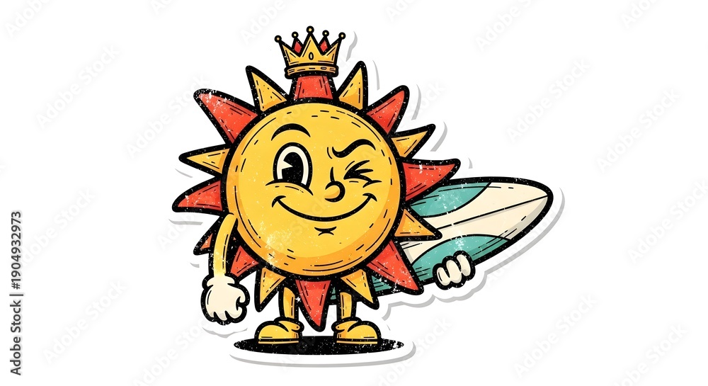 Fototapeta premium Cartoon sun character winking with surfboard and crown
