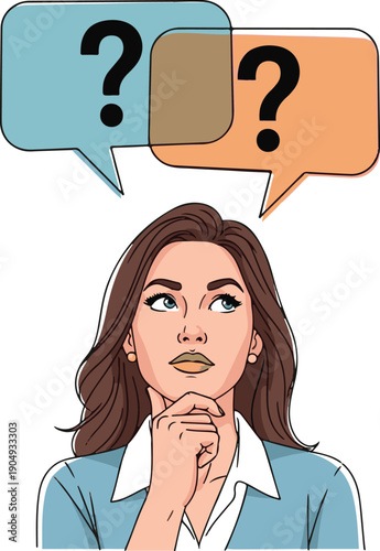 Thinking Business Woman with Question Mark Speech Bubbles, Concept of Decision Making, Problem Solving and Curiosity Vector Illustration