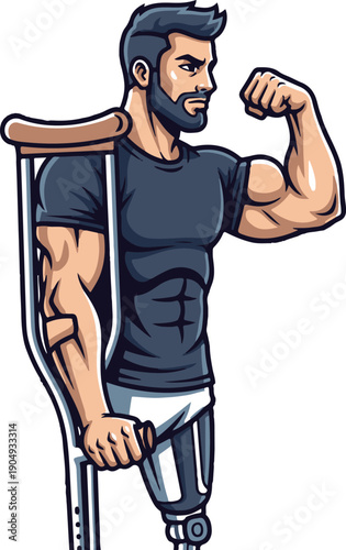 Determined Amputee Athlete Flexing Bicep with Crutch and Prosthetic Leg, Fitness and Disability Concept Vector Illustration