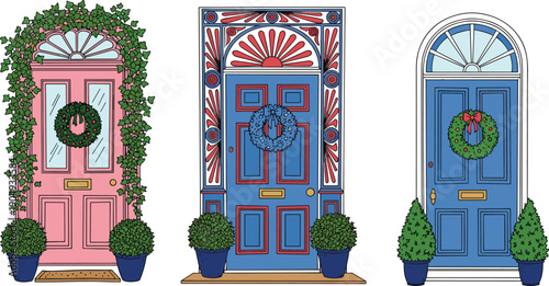 Decorative front doors set illustration colorful entrance wreath plants vintage home exterior design isolated white background vector collection