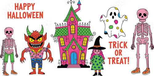 Happy Halloween cartoon characters set spooky monsters haunted house skeleton ghost trick or treat illustration colorful holiday vector design