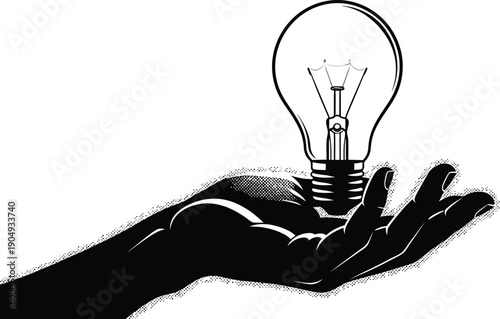 Trendy halftone collage two hands touching lightbulb modern idea generation innovation and brainstorming concept