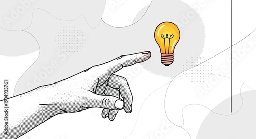 Trendy halftone collage artistic hands reaching glowing lightbulb abstract creativity imagination and inspiration theme