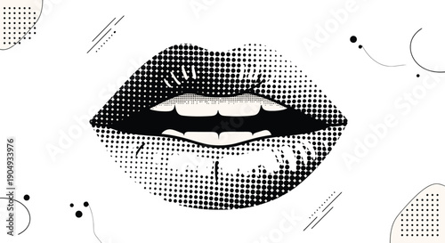 Trendy halftone collage open mouth with lips bold graphic expression and communication concept