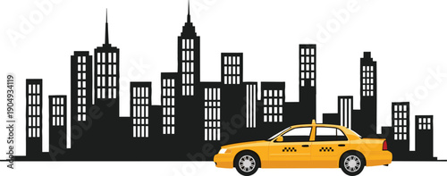 Yellow taxi car driving in city skyline illustration urban transportation service travel downtown silhouette isolated white background vector design