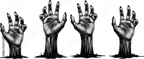 Zombie hands rising from ground illustration horror spooky undead halloween scary graphic art isolated white background vintage engraving style vector