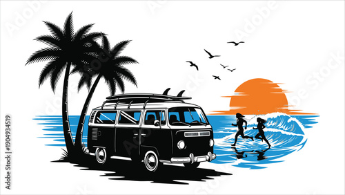 Photography Palm Beach Surf Van Silhouette Vector – Coastal Travel and Adventure Illustration