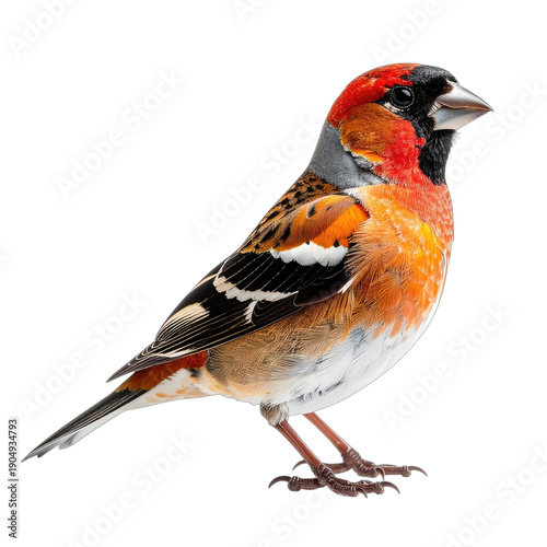 Close-up of a vibrantly colored bird with reddish-orange plumage and black accents