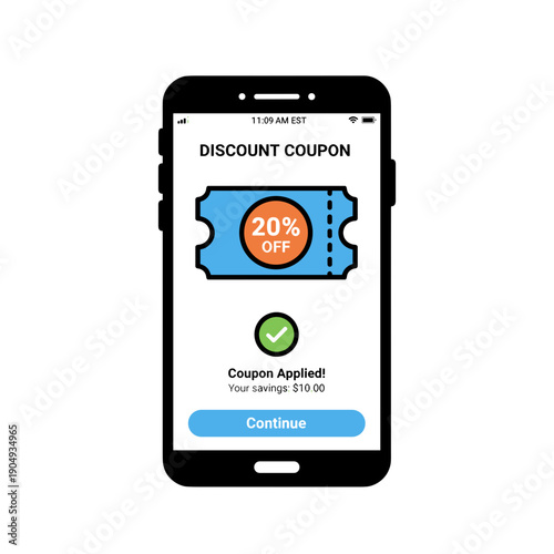 Mobile discount coupon interface with twenty percent off applied and confirmation checkmark on smartphone screen, online shopping promotion concept