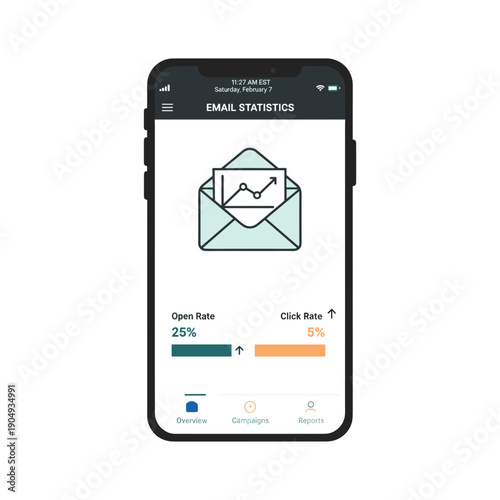 Email marketing statistics dashboard showing open rate and click rate growth on smartphone screen, digital marketing analytics concept