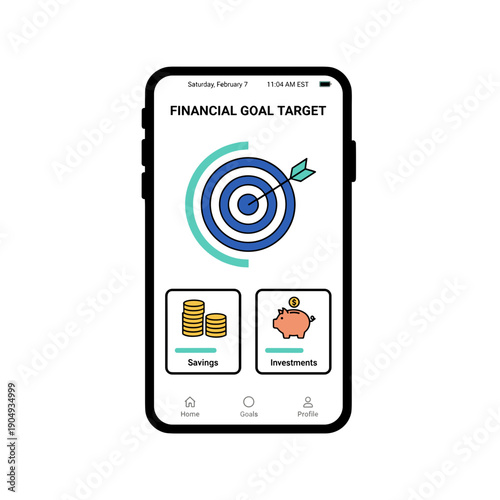 Financial goal target interface with bullseye and progress indicators for savings and investments on smartphone screen, personal finance planning concept