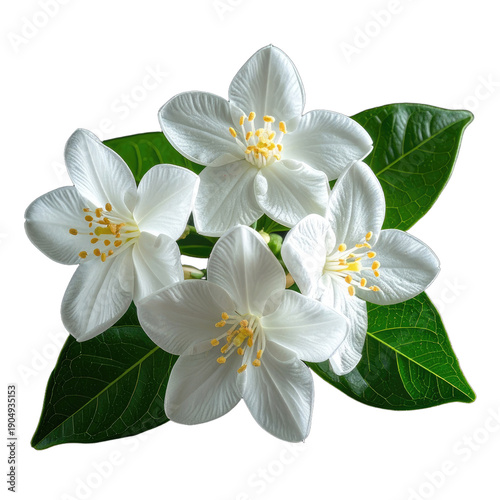 Close-up of delicate white blossoms with vibrant yellow centers, atop lush green leaves