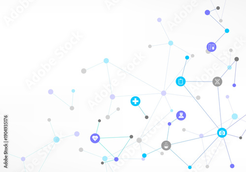 Medical background and healthcare technology with flat icons and symbols. Concept and idea for health care business, innovation medicine, health safety, science, medical research, and development.