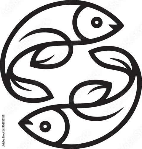 Black and white abstract of three fish forming a circular pattern with eyes looking inward