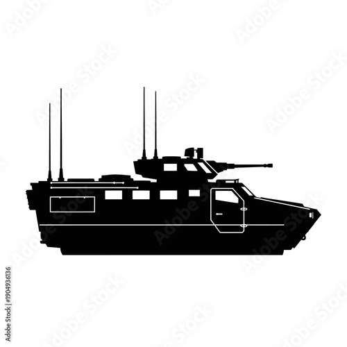 Black silhouette of a military patrol boat with a turret and antennas