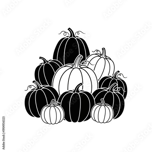 A black and white illustration of a pile of pumpkins in various sizes