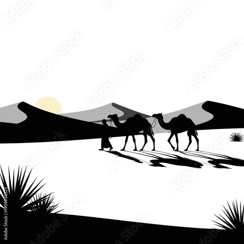 Silhouette of camels and a traveler crossing a desert landscape at sunset