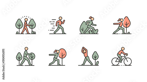 Diverse exercise icons demonstrating various activities in a park setting.