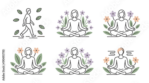 Yoga practice with flowers and walking man icons.